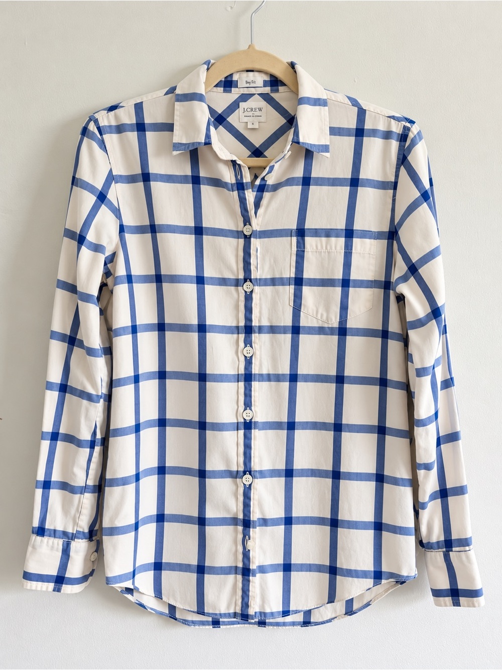 J. Crew White Button-Up Shirt with Blue Windowpane Check